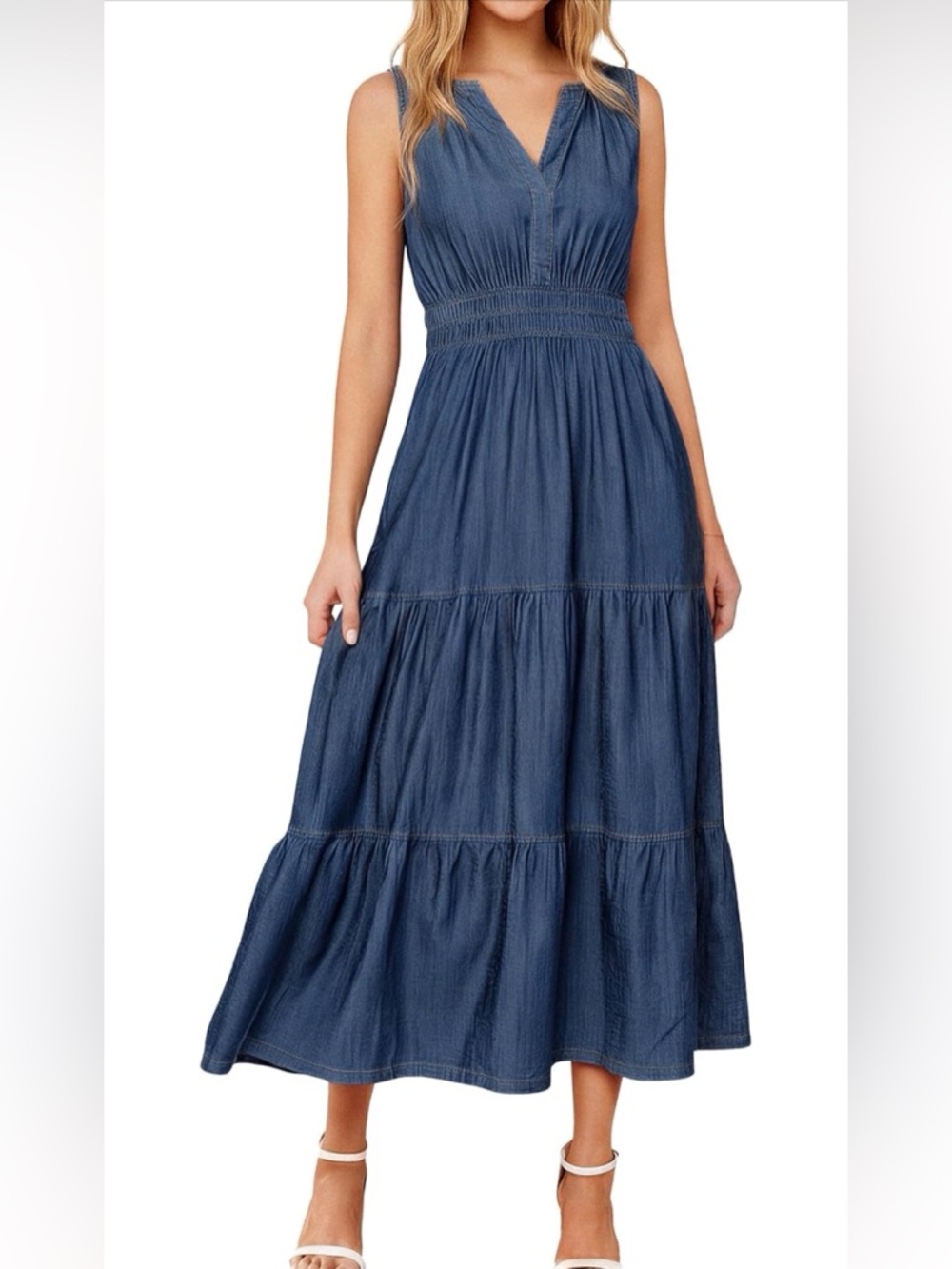 BerryGo Sleeveless V-Neck Denim Maxi Dress - Blue NWT LARGE